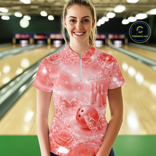 Custom Elegant Red Roses And Butterfly Women Bowling Quarter-Zip Shirts, Ladies Outfit IPHW10936