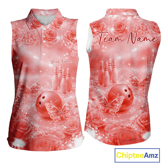 Custom Elegant Red Roses And Butterfly Women Bowling Sleeveless Polo Shirts, Ladies Outfit IPHW10936