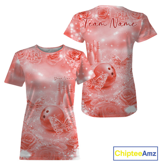 Custom Elegant Red Roses And Butterfly Women Bowling T-Shirts, Ladies Outfit IPHW10936