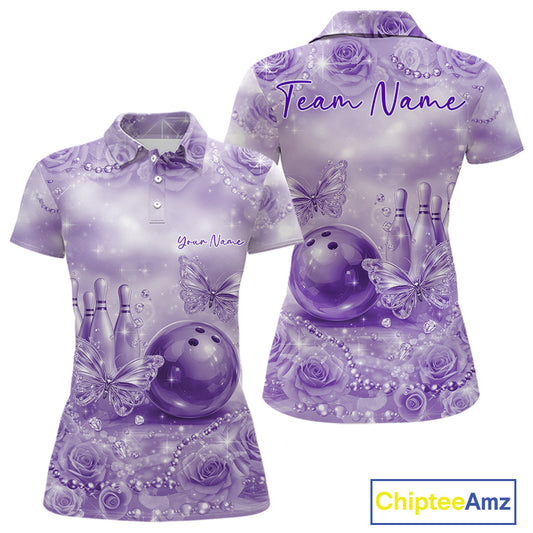 Custom Elegant Purple Roses And Butterfly Women Bowling Polo Shirts, Ladies Outfit IPHW10938