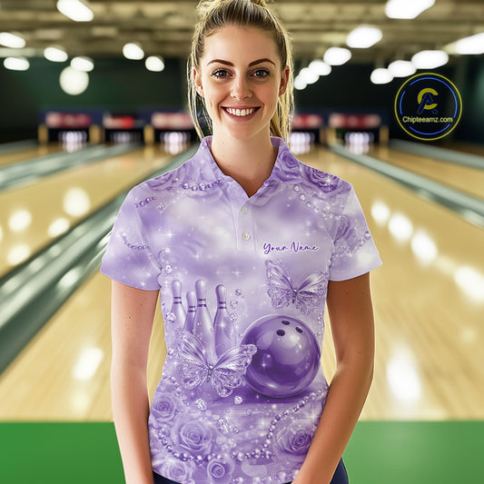 Custom Elegant Purple Roses And Butterfly Women Bowling Polo Shirts, Ladies Outfit IPHW10938