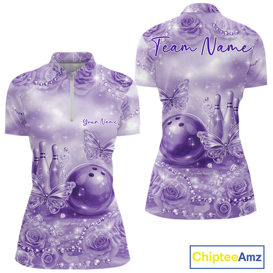 Custom Elegant Purple Roses And Butterfly Women Bowling Quarter-Zip Shirt, Ladies Outfit IPHW10938