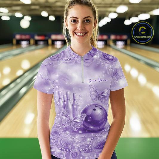 Custom Elegant Purple Roses And Butterfly Women Bowling Quarter-Zip Shirt, Ladies Outfit IPHW10938