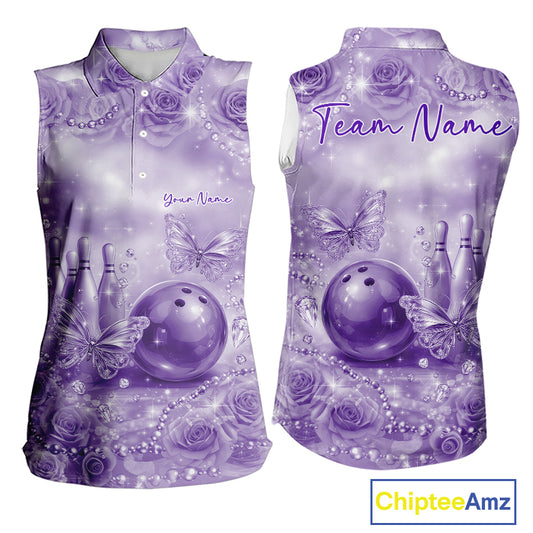 Custom Elegant Purple Roses And Butterfly Women Bowling Sleeveless Polo Shirts, Ladies Outfit IPHW10938