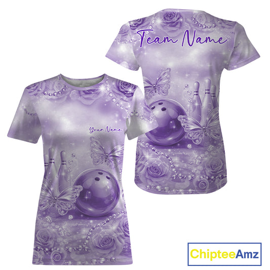 Custom Elegant Purple Roses And Butterfly Women Bowling T-Shirts, Ladies Outfit IPHW10938