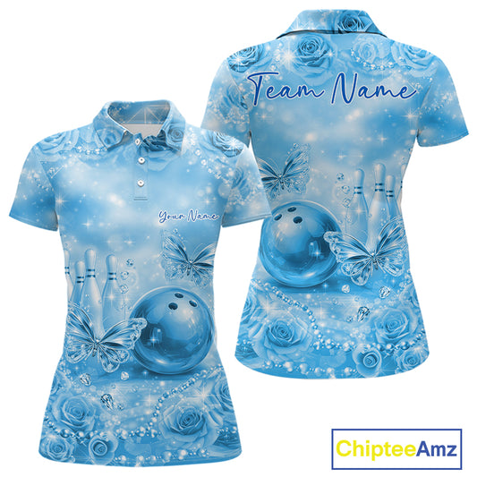 Custom Elegant Blue Roses And Butterfly Women Bowling Polo Shirts, Ladies Outfit IPHW10939