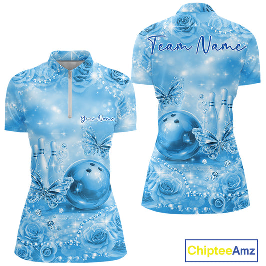 Custom Elegant Blue Roses And Butterfly Women Bowling Quarter-Zip Shirts, Ladies Outfit IPHW10939