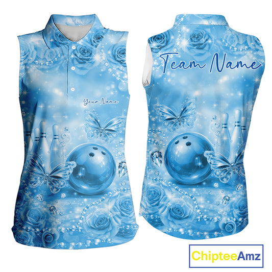 Custom Elegant Blue Roses And Butterfly Women Bowling Sleeveless Polo Shirts, Ladies Outfit IPHW10939