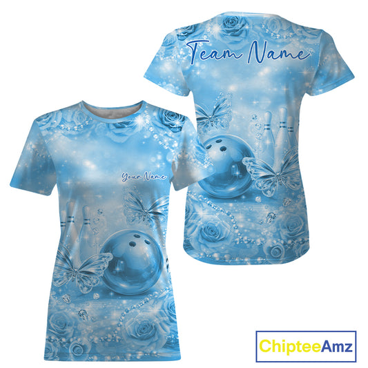 Custom Elegant Blue Roses And Butterfly Women Bowling T-Shirts, Ladies Outfit IPHW10939