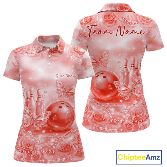Custom Elegant Red Roses And Butterfly Women Bowling Polo Shirts, Ladies Outfit IPHW10940