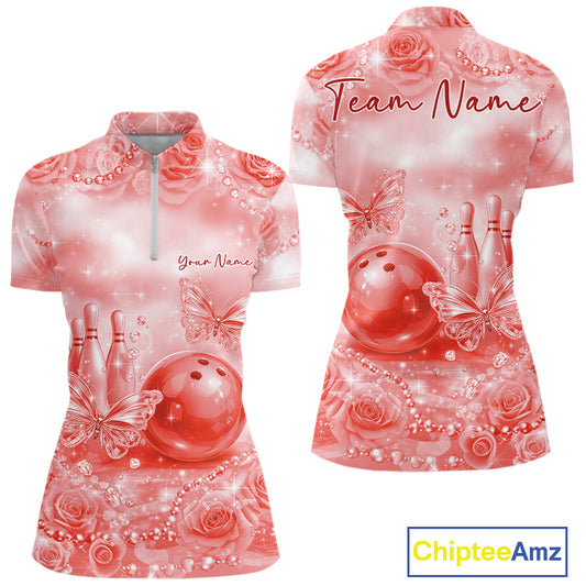 Custom Elegant Red Roses And Butterfly Women Bowling Quarter-Zip Shirts, Ladies Outfit IPHW10940