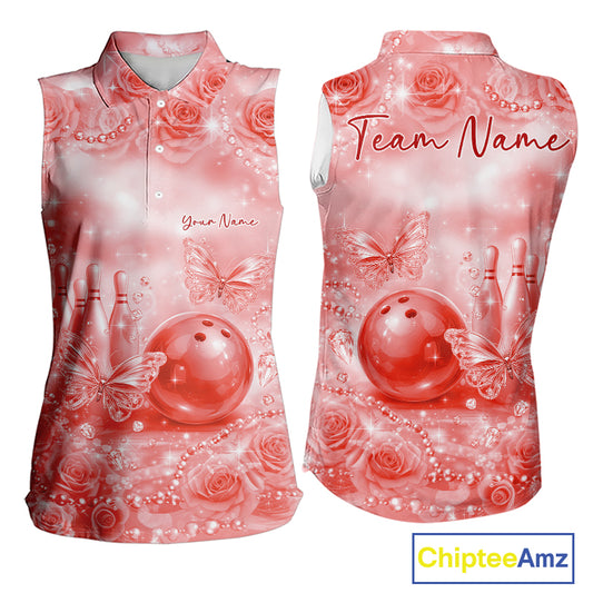Custom Elegant Red Roses And Butterfly Women Bowling Sleeveless Polo Shirts, Ladies Outfit IPHW10940