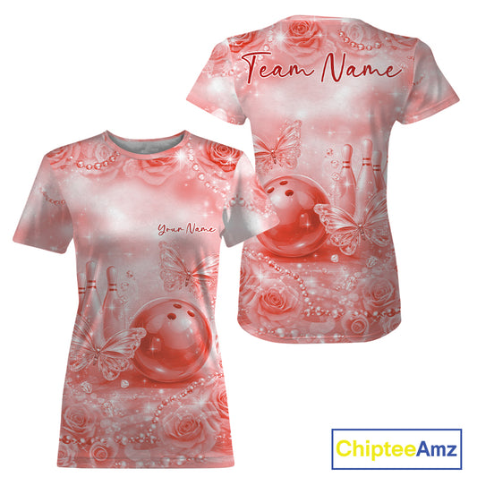 Custom Elegant Red Roses And Butterfly Women Bowling T-Shirts, Ladies Outfit IPHW10940