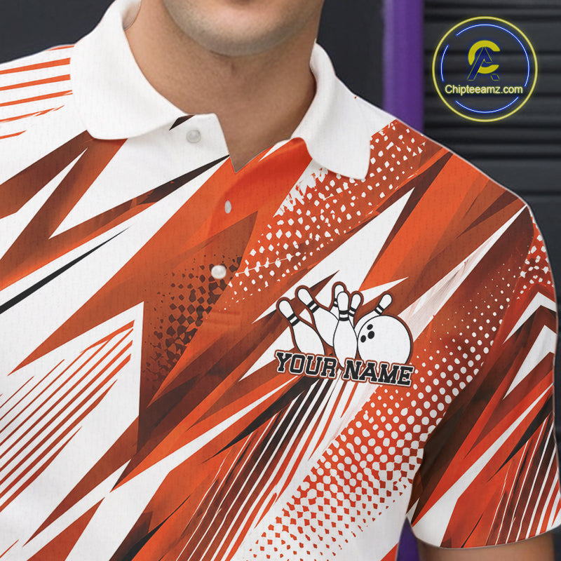 Person wearing a colorful bowling shirt with a logo and text on it.