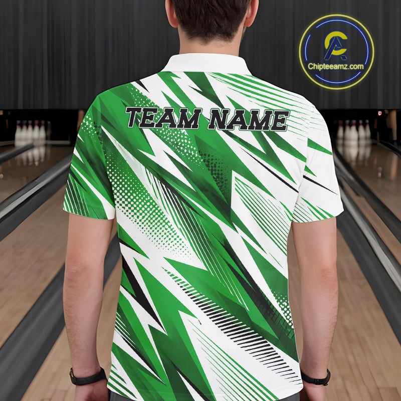 Person wearing a green and white bowling shirt with 'TEAM NAME' text in a bowling alley.