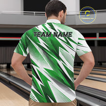 Load image into Gallery viewer, Person wearing a green and white bowling shirt with 'TEAM NAME' text in a bowling alley.