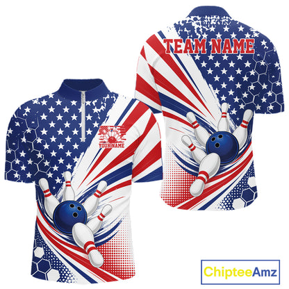 Front and back views of a short-sleeve bowling-themed quarter zip shirt with a patriotic American flag design in red, white, and blue, featuring bowling balls and pins, customizable text, and a ChipteeAmz logo on a white background.