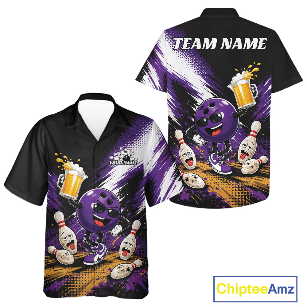 Front and back views of a short-sleeve button-up bowling shirt on a white background. The shirt features a purple and black graphic design with cartoon bowling balls, pins, beer mugs, and the text 'TEAM NAME' on the back.
