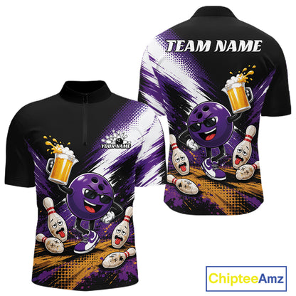 Black short-sleeve bowling-themed quarter-zip shirt shown from front and back on a white background. The front has a purple cartoon bowling ball character with beer mugs and bowling pins, plus a small visible 'YOURNAME' placeholder.