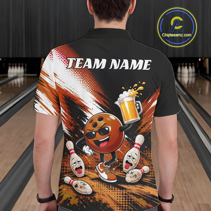 A person shown from the back wearing a black short-sleeve polo shirt with a large bowling-themed graphic on the back. The design includes a cartoon bowling ball character holding a beer mug, bowling pins, and the text 'TEAM NAME' 