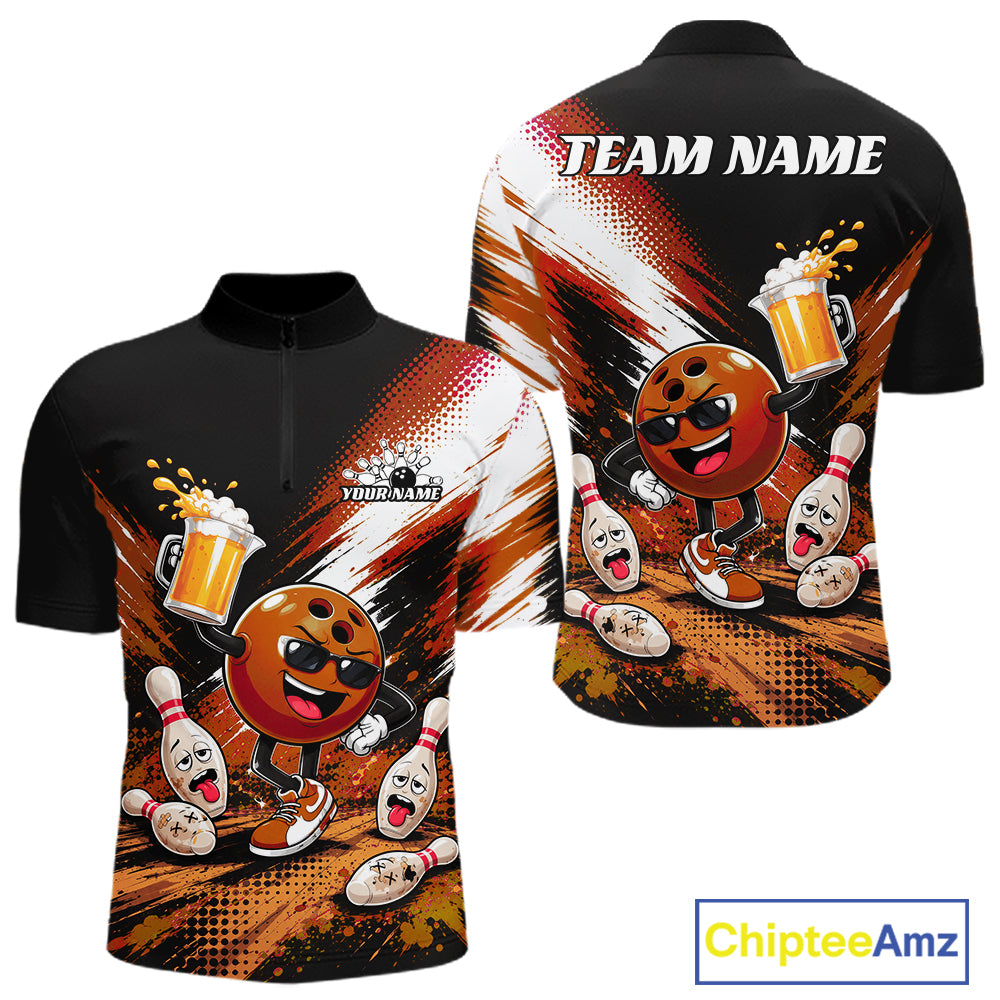 Custom short-sleeve bowling jersey shown from the front and back, featuring a bowling-themed cartoon graphic with a smiling bowling ball character, bowling pins, bowling pins falling, and a beer mug. The back of the jersey has a placeholder text 'TEAM NAME'.