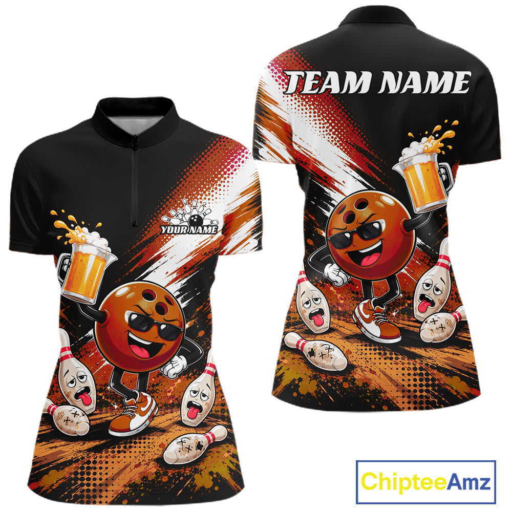 Customizable black quarter zip shirt shown from the front and back, featuring a colorful bowling-themed graphic with cartoon bowling balls, pins, and beer mugs, plus placeholder text 'TEAM NAME' and 'YOURNAME'.