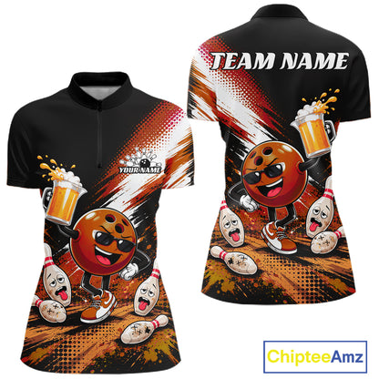 Customizable black quarter zip shirt shown from the front and back, featuring a colorful bowling-themed graphic with cartoon bowling balls, pins, and beer mugs, plus placeholder text 'TEAM NAME' and 'YOURNAME'.