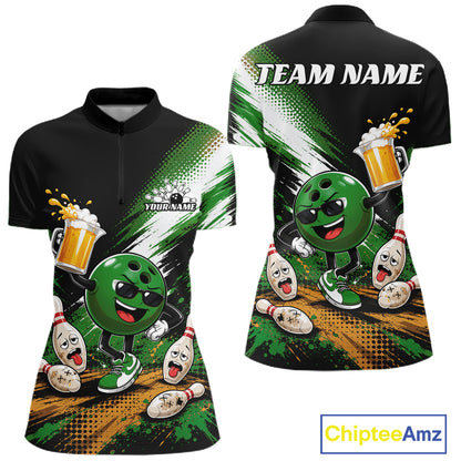 Front and back views of a custom short-sleeve quarter zip shirt featuring a green bowling ball cartoon character, bowling pins, beer mugs, and a black-to-white graphic design with green accents. The back shows 'TEAM NAME' and the front has 'YOURNAME' placeholders, indicating customization.