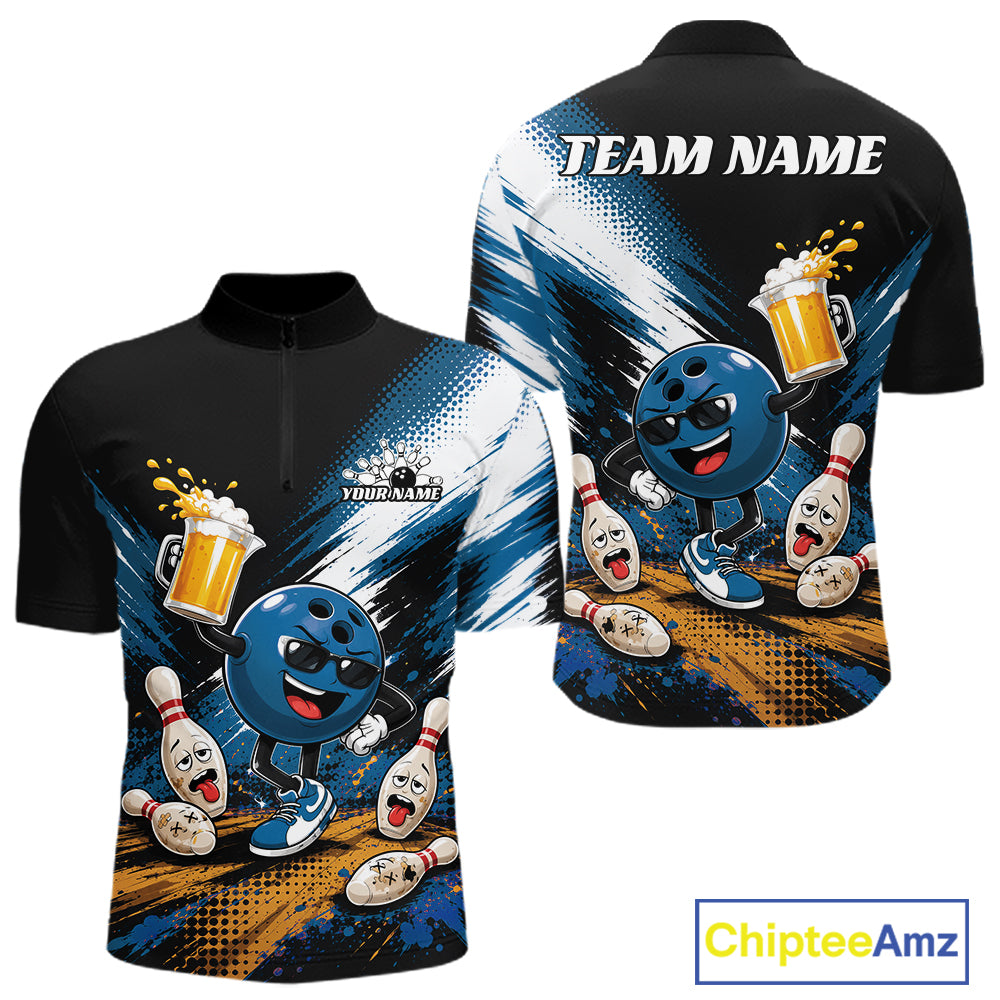 Front and back views of a black short-sleeve quarter-zip bowling-themed team shirt with a colorful cartoon bowling ball, pins, beer mugs, and a blue-and-white abstract background. 