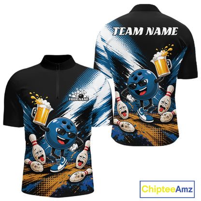 Front and back views of a black short-sleeve quarter-zip bowling-themed team shirt with a colorful cartoon bowling ball, pins, beer mugs, and a blue-and-white abstract background. 