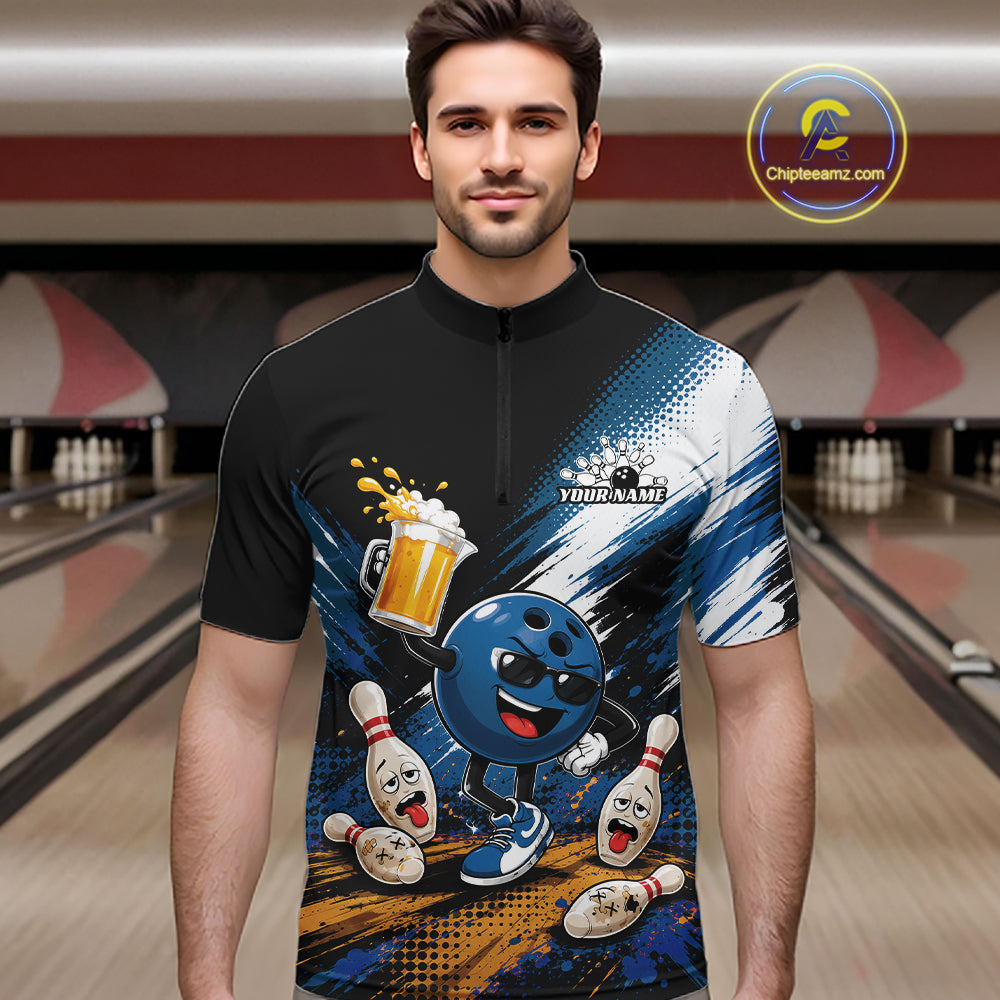 A man wearing a custom bowling-themed short-sleeve quarter-zip shirt with a blue cartoon bowling ball character, bowling pins, and beer mug graphic on a black background.