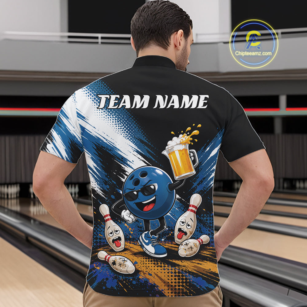 A man viewed from behind wearing a custom bowling-themed short-sleeve quarter zip shirt with a large blue bowling ball and pins graphic, 'TEAM NAME' printed on the back, and a bowling alley background.