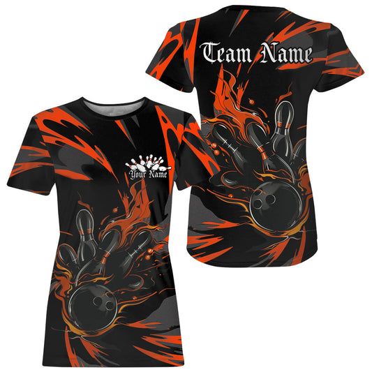 Black And Orange Custom Flame Bowling For Women, Bowling Team Bowling Uniform Outfit IPHW7400