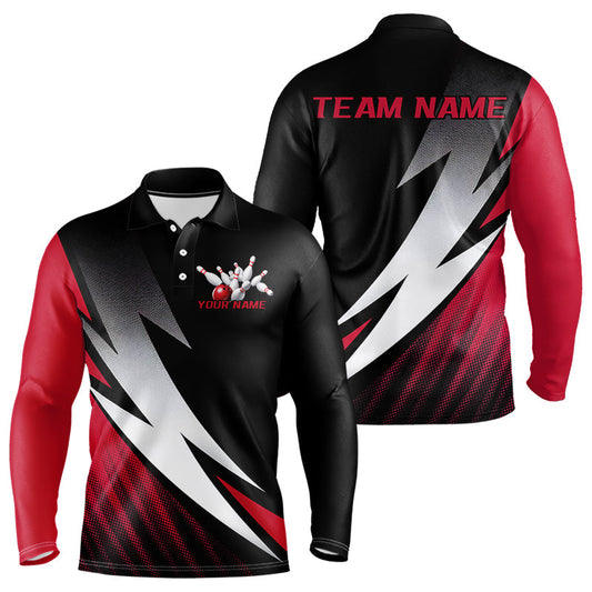 Black And Red Custom Bowling Jerseys, Bowling Men Long Sleeve Polo Team Shirts Tournament Outfits IPHW7706