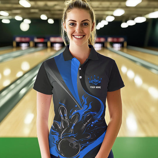 Custom Black And Blue Flame Bowling Polo Shirts For Women, Fire Bowling Team Shirt IPHW8542