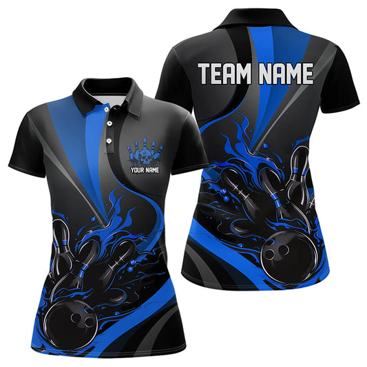 Custom Black And Blue Flame Bowling Polo Shirts For Women, Fire Bowling Team Shirt IPHW8542