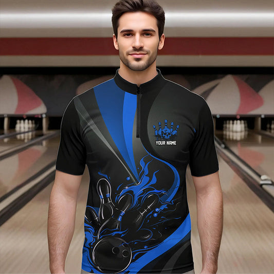 Custom Black And Blue Flame Bowling Quarter-Zip Shirts For Men, Fire Bowling Team Shirt IPHW8542