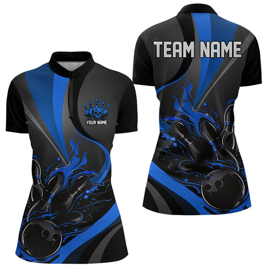 Custom Black And Blue Flame Bowling Quarter-Zip Shirts For Women, Fire Bowling Team Shirt IPHW8542