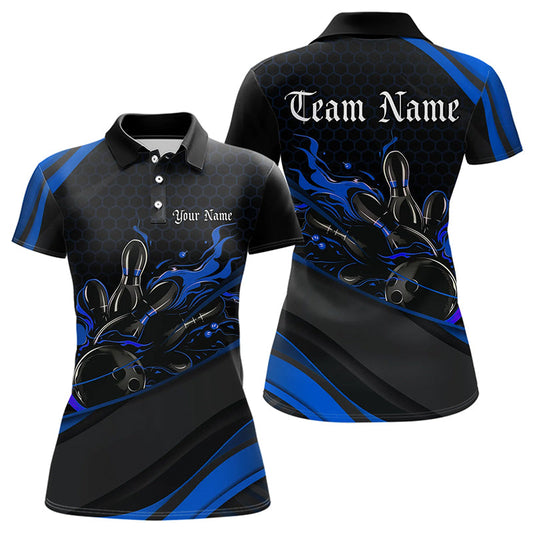 Custom Black And Blue Flame Bowling Polo Shirts For Women, Bowling Tournament Team Shirts IPHW8544