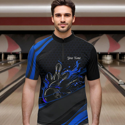 Custom Black And Blue Flame Bowling Quarter-Zip Shirts For Men, Bowling Tournament Team Shirts IPHW8544