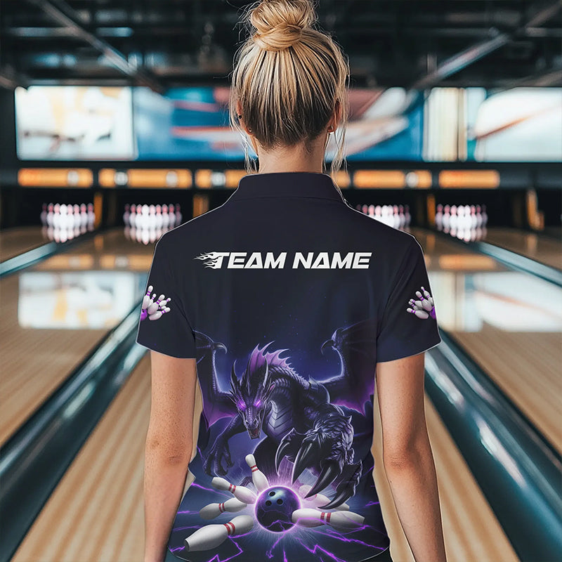 Custom Black And Purple Dragon Bowling Team Polo Shirts For Women, Dragon Bowling League Shirt IPHW8548
