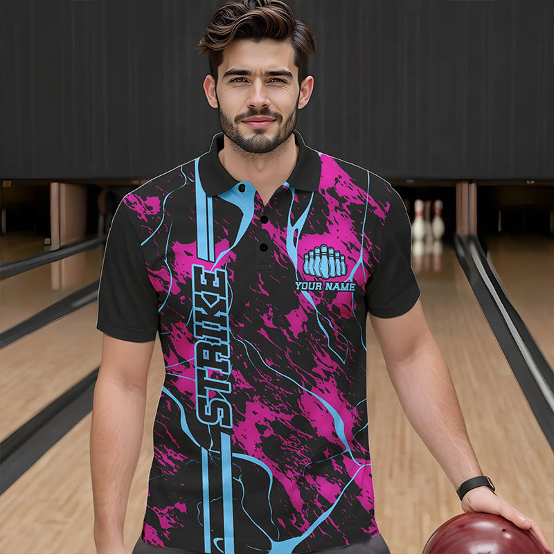 Custom Pink And Blue Strike Bowling Polo Shirts For Men, Bowling League Team Uniform IPHW8859