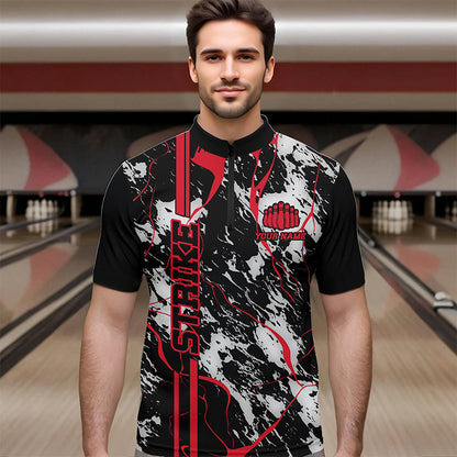 Custom Gray And Red Strike Bowling Quarter-Zip Shirts For Men, Bowling League Team Uniform IPHW8861