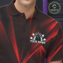 Load image into Gallery viewer, Black and red striped polo shirt with a bowling design and 'Your Name' text, brand logo visible.