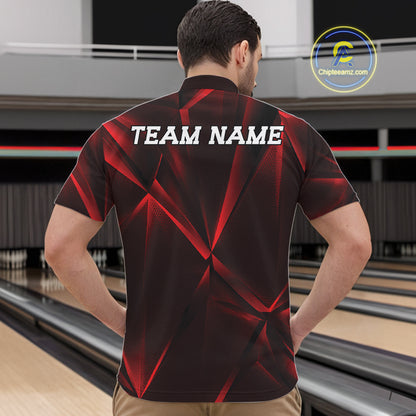 Man wearing a red and black bowling shirt with 'TEAM NAME' on the back, standing in a bowling alley.