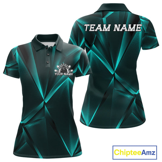 Teal and black polo shirt with geometric pattern, customizable text, and Chiptee Amz branding.