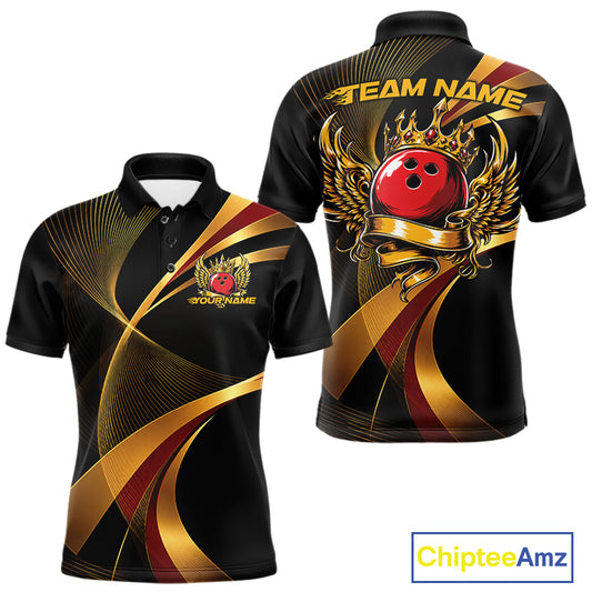 Bowling jersey with gold and red design on a black background, featuring 'Team Name' and 'Your Name' text.