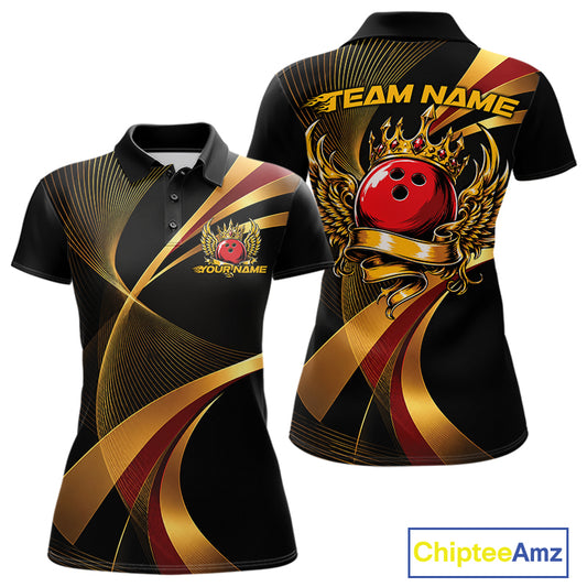 Black polo shirt with gold and red design, featuring a bowling ball and wings, on a white background. 'Chiptee Amz' brand visible.