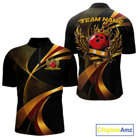 Black bowling shirt with gold and red design, featuring a bowling ball and wings, on a white background. 'Chiptee Amz' brand visible.