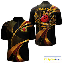 Load image into Gallery viewer, Black bowling shirt with gold and red design, featuring a bowling ball and wings, on a white background. 'Chiptee Amz' brand visible.